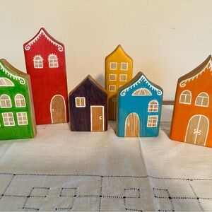 Hand-Painted Wooden Holiday Village Set - Colorful Decorative Houses